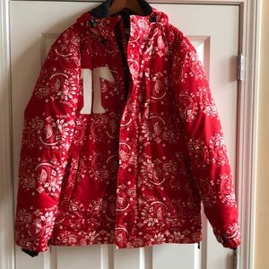Red and white snowboarder jacket